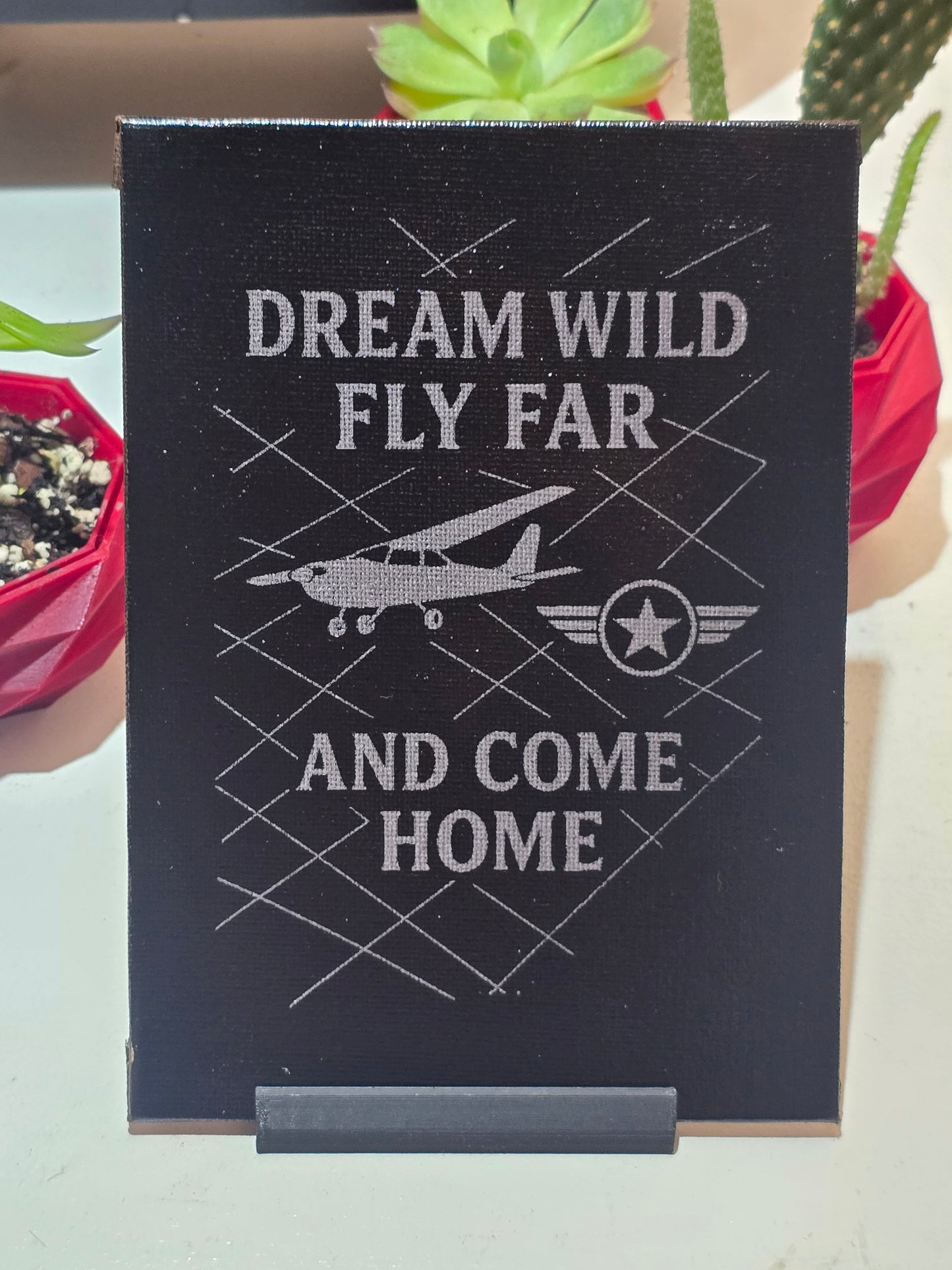 Inspirational Aviation Wall Art for Kids – “Dream Wild, Fly Far, and Come Home” Laser Engraved Canvas | Gift for Pilot’s Son or Daughter | 5x7" with 3D Printed Base