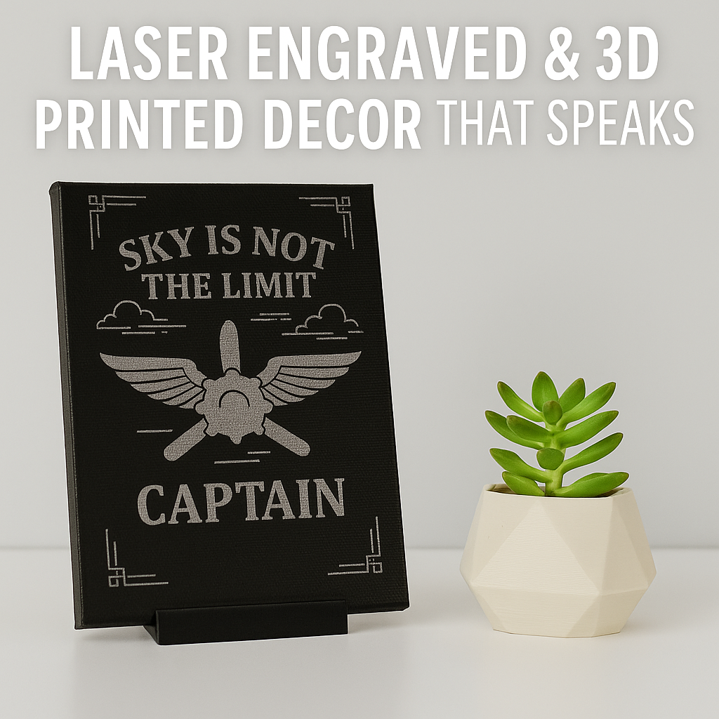 Pilot-Inspired Laser Engraved Canvas – "Sky Is Not the Limit" Aviation Art with 3D Printed Base | Gift for Him | Motivational Decor