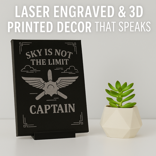 Pilot-Inspired Laser Engraved Canvas – "Sky Is Not the Limit" Aviation Art with 3D Printed Base | Gift for Him | Motivational Decor