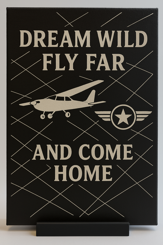 Inspirational Aviation Wall Art for Kids – “Dream Wild, Fly Far, and Come Home” Laser Engraved Canvas | Gift for Pilot’s Son or Daughter | 5x7" with 3D Printed Base